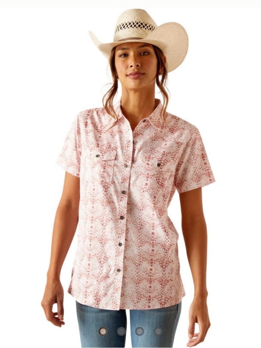 ARIAT Womens Venttek Brush Stroke Print Short Sleeve Weatern Shirt Button Sz L